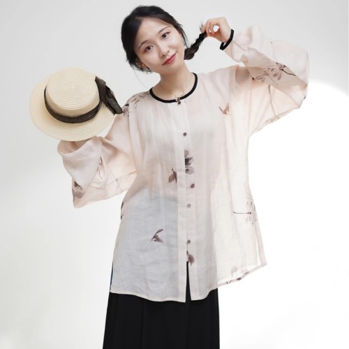 Zhao's Hanfu Autumn New Cotton and Linen Daily Made Round Neck Bow Pocket Sleeve Short Shirt Breathable