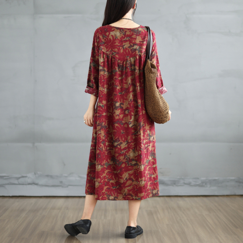 New retro cotton and linen printed round neck long-sleeved dress for women loose large size slimming spliced ​​A-line skirt for women