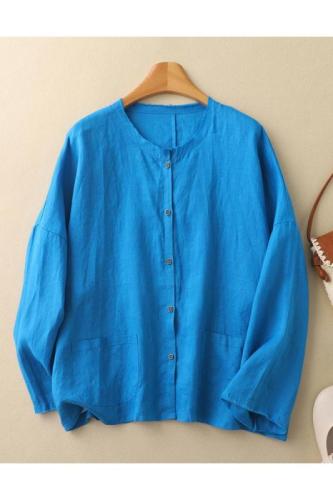 2024 early autumn new age-reducing blue temperament round neck dopamine linen casual cardigan