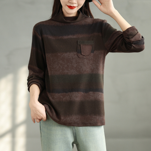 2024 Autumn Retro Color Block Top Women Half Turtle Collar Long Sleeve Temperament Bottoming Shirt with T-shirt