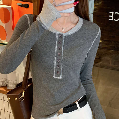 Long-sleeved bottoming shirt for women spring and autumn 2024 new slim fit inner t-shirt right shoulder half open collar top