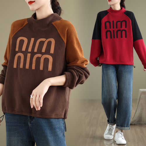 New winter clothing, artistic Ollie velvet sweatshirt for women, thickened and warm, dropped shoulder sleeves, color matching half turtleneck top