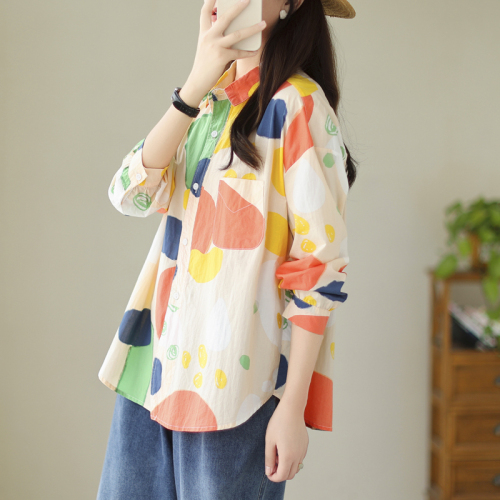 Shirt top women's design 2024 new Korean version commuter arc hem painted graffiti printed long sleeves