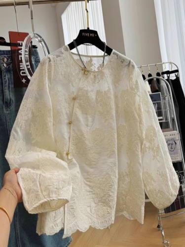 New new Chinese style light national style embroidered lace shirt round neck shirt popular this year beautiful small shirt tops for women