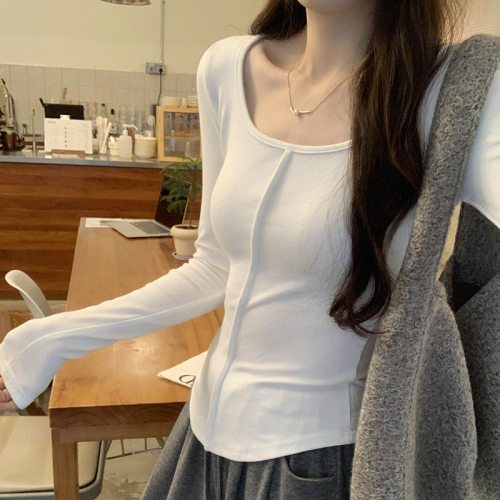 Actual photo design three-dimensional midline u-neck hot girl slim long-sleeved bottoming shirt for women with autumn 2024 new T-shirt