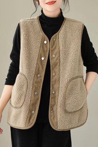 Reversible lamb hair vest for women autumn and winter new style retro literary loose sleeveless corduroy jacket