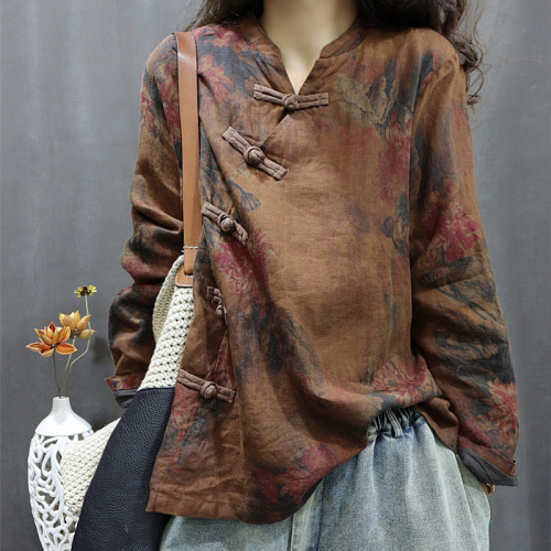 Autumn and winter new linen printed casual short coat loose bat sleeves V-neck disc button double layer top for women