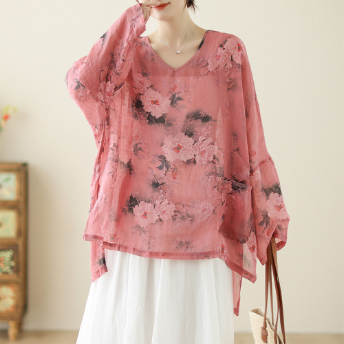 2024 Autumn Print Gentle Age-Reducing Print V-neck Pocket Style Loose and Versatile Top