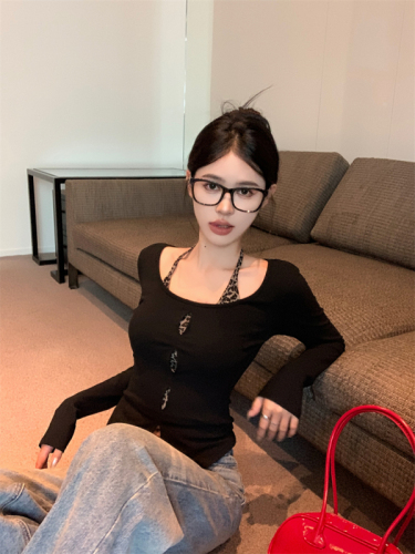 Real shot ~ hot girl fake two-piece leopard print splicing T-shirt for women 2024 autumn sexy hollow slim fit top