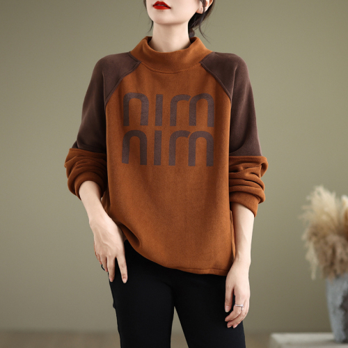 New winter clothing, artistic Ollie velvet sweatshirt for women, thickened and warm, dropped shoulder sleeves, color matching half turtleneck top