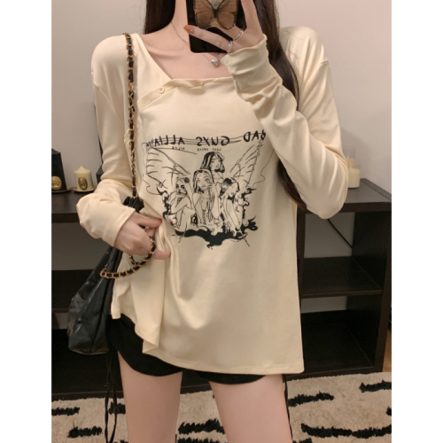 Real shot 260g rayon 1*1 cartoon printed long-sleeved T-shirt for women autumn retro casual design top