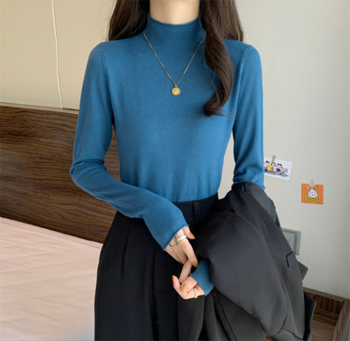 Actual shot of versatile basic solid color slim half turtleneck long-sleeved bottoming shirt knitted top for women with western style inner wear