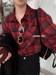 New spring and autumn red plaid shirt, retro Hong Kong style top, brushed shirt, fashionable slim shirt for women