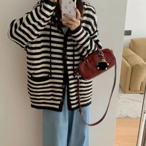 Contrast striped lazy style hooded single-breasted knitted cardigan for women in autumn and winter loose and high-end sweater jacket