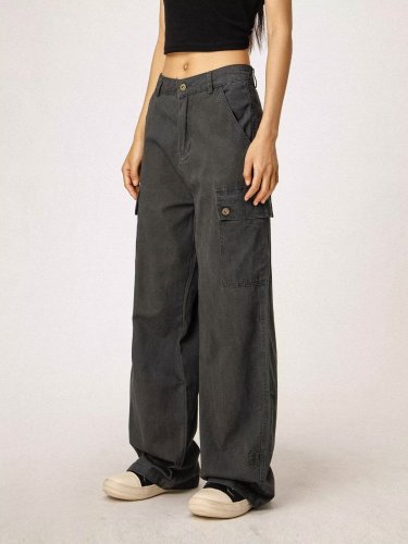 American high street gray overalls for men and women, loose multi-pocket retro straight casual long pants