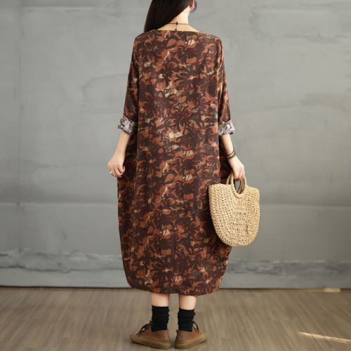 New cotton and linen printed long-sleeved dress, retro age-reducing printed large size pullover round neck mid-length skirt