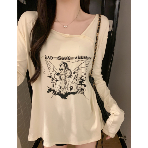 Real shot 260g rayon 1*1 cartoon printed long-sleeved T-shirt for women autumn retro casual design top