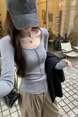 Actual photo design three-dimensional midline u-neck hot girl slim long-sleeved bottoming shirt for women with autumn 2024 new T-shirt