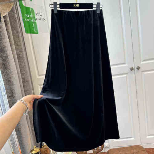 High-end black gold velvet skirt for women, mid-length skirt for ladies, versatile A-line style, early autumn new style