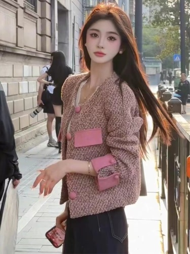 2024 new temperament socialite daughter high-end tweed top autumn small fragrance pink short coat women's clothing