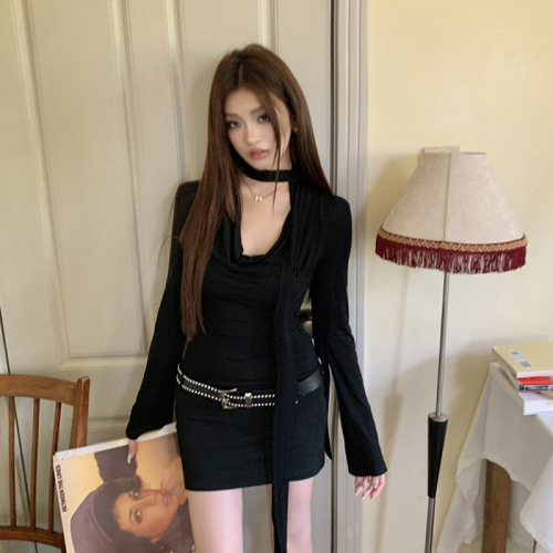 Actual shot of 2024 autumn and winter new hot girl dress female design sense swing collar royal sister style long-sleeved black hip-covering short skirt