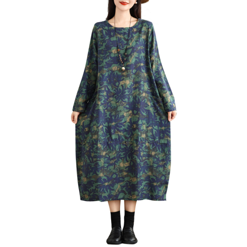 New cotton and linen printed long-sleeved dress, retro age-reducing printed large size pullover round neck mid-length skirt