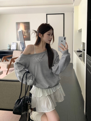 Real shot of off-shoulder lace hollow niche long-sleeved top slimming lazy round neck knitted sweatshirt autumn