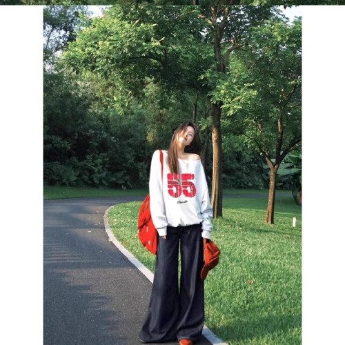 American retro trendy brand slope collar off-shoulder hooded sweatshirt for women spring and autumn oversize loose lazy thin coat