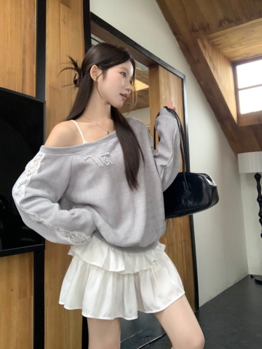 Real shot of off-shoulder lace hollow niche long-sleeved top slimming lazy round neck knitted sweatshirt autumn