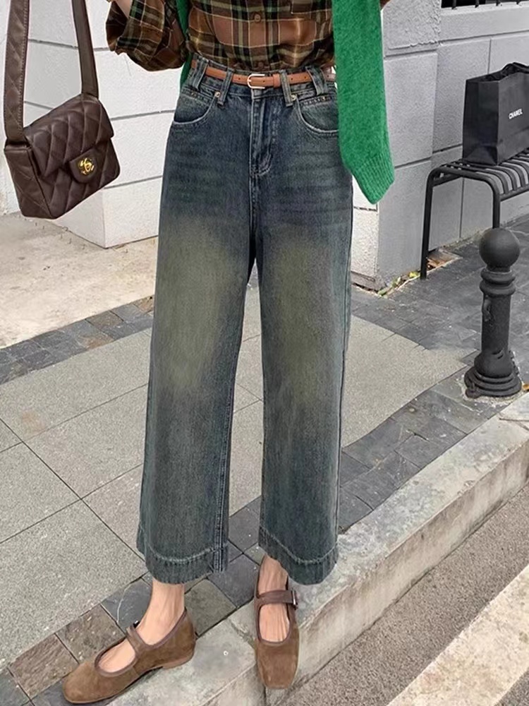 Autumn fat girls plain loose large size jeans loose pear-shaped nine-tenths pants cigarette pants 