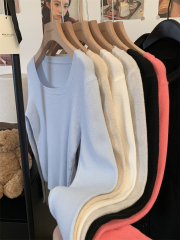 實拍 真 秋季新款設計感方領長袖針織衫女短款上衣打底衫