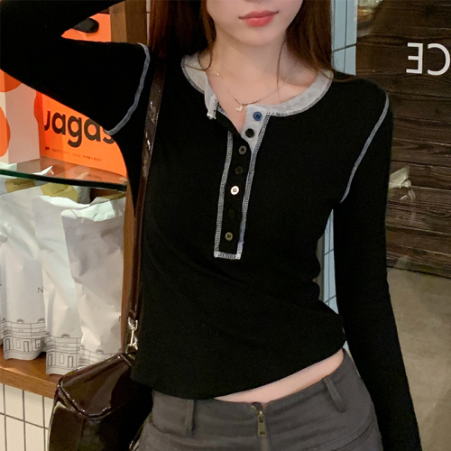 Long-sleeved bottoming shirt for women spring and autumn 2024 new slim fit inner t-shirt right shoulder half open collar top