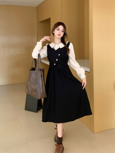 Real shot color matching fake two-piece long-sleeved dress for women autumn retro irregular small pleated long skirt