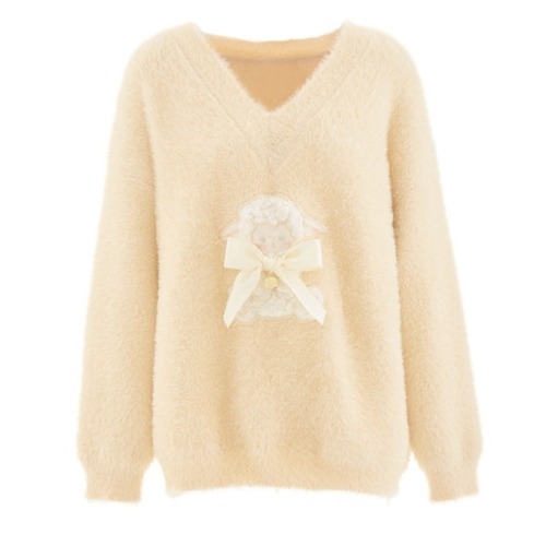 Flower sweet cheese girly imitation mink velvet sheep V-neck sweater spring and autumn Korean style top sweater