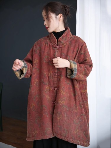 Winter new cotton and linen women's clothing Chinese ethnic style buckle loose large size mid-length cotton coat and jacket