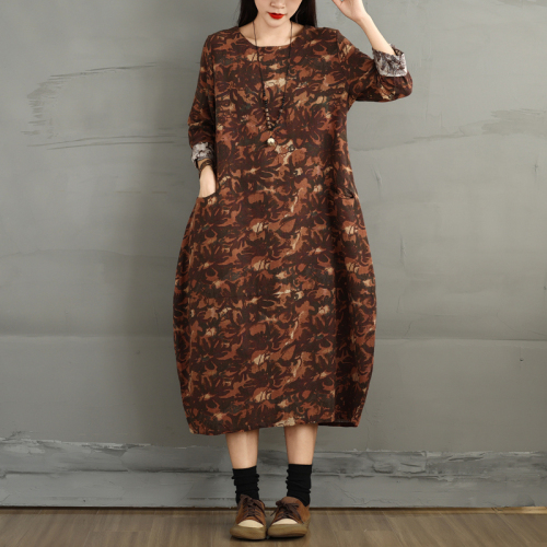 New cotton and linen printed long-sleeved dress, retro age-reducing printed large size pullover round neck mid-length skirt