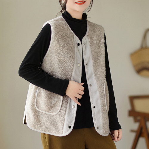 Reversible lamb hair vest for women autumn and winter new style retro literary loose sleeveless corduroy jacket