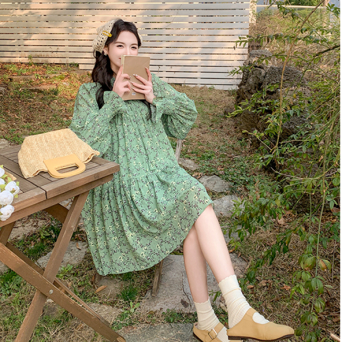 Tea break French green floral dress for women 2024 new style high-end loose slimming fairy dress