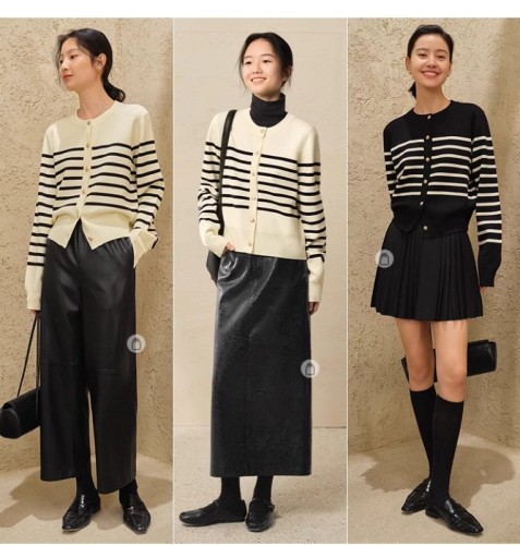 Simple Contrast Color Striped Knitted Cardigan Women's 2024 Spring Retro Gold Button Sweater