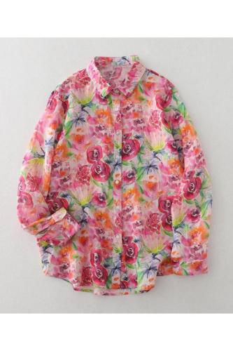 Spring and Autumn New Korean Style Retro Rose Printed Cotton Short-Sleeved Shirt Women's Long-Sleeved Loose Large Casual Shirt