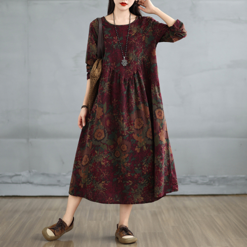 New retro cotton and linen printed round neck long-sleeved dress for women loose large size slimming spliced ​​A-line skirt for women