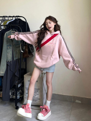 Korean art raw milk hooded sweatshirt for women spring and autumn 2024 lazy high-end loose pullover pink top