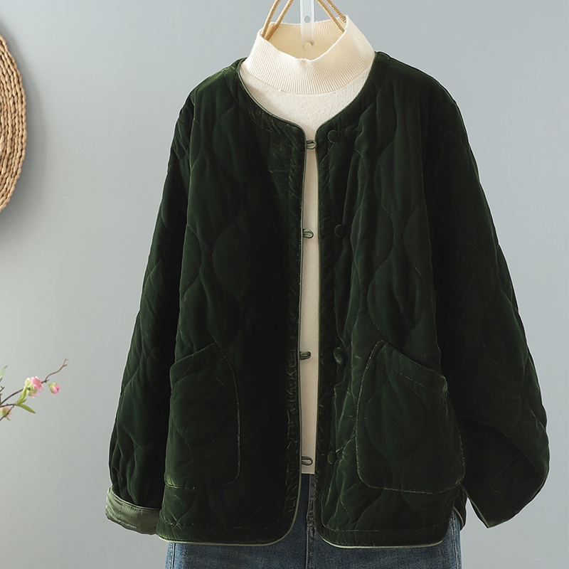 2024 winter new style retro casual cotton coat women's round neck loose short warm cotton jacket