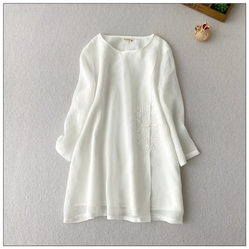 National style new Chinese style women's clothing, thin and delicate double-layered nine-quarter sleeve shirt, loose mid-length top and cool pullover