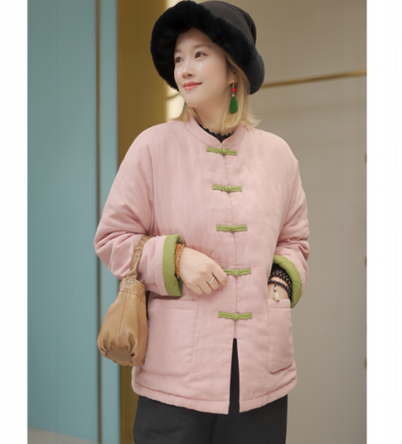 Autumn and winter disc buttoned linen quilted thickened versatile stand collar retro cotton coat