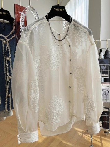 New Chinese style high-end heavy industry embroidery embroidery round neck shirt women's long-sleeved lace organza top