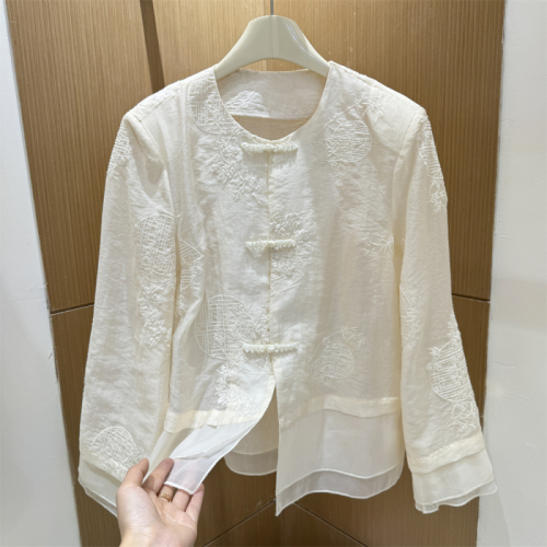 New Chinese style round neck heavy industry embroidered jacket for women autumn new high-end buttoned shirt top