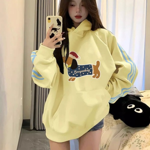 Bright yellow three-stripe hooded sweatshirt for women early autumn new Korean style loose niche design unique top