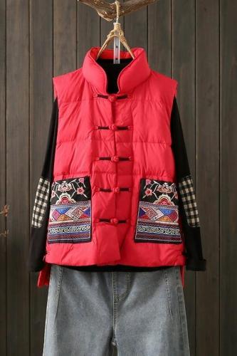 National style vest for women winter warm buckle Tang suit cotton coat ethnic style embroidered sleeveless waistcoat