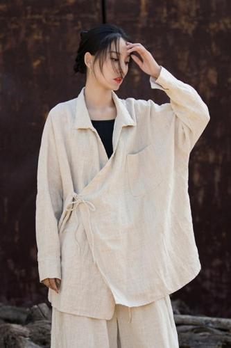 Tea clothes for women autumn new new Chinese style cotton and linen lapel cardigan national style lace-up shirt top